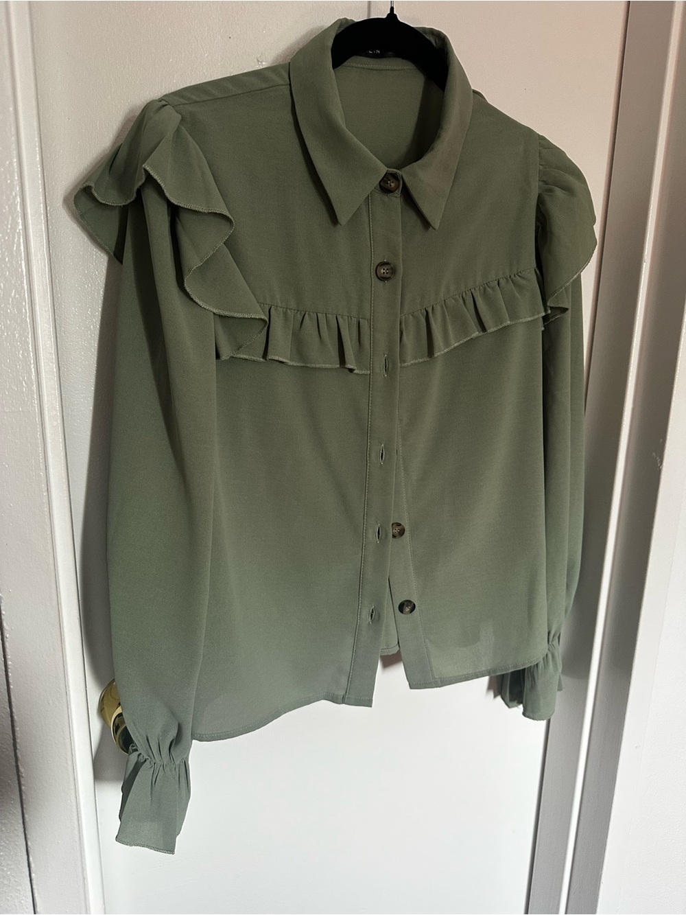 Sage Ruffle Button-Front Blouse